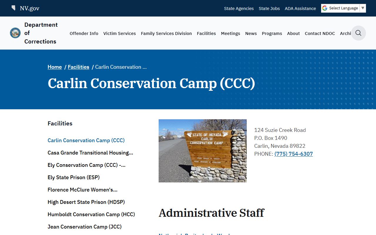 Carlin Conservation Camp inmate lookup NDOC facility page