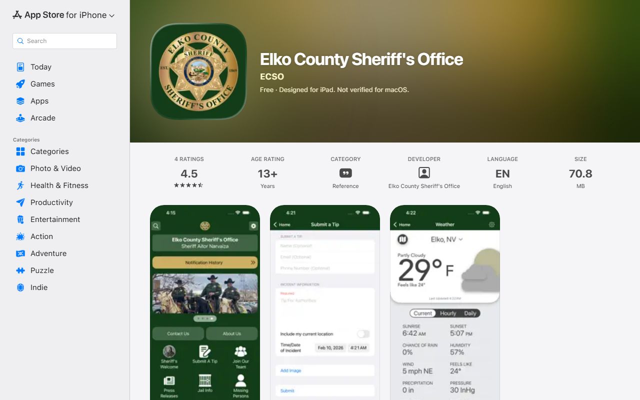 Elko County inmate population sheriff app listing