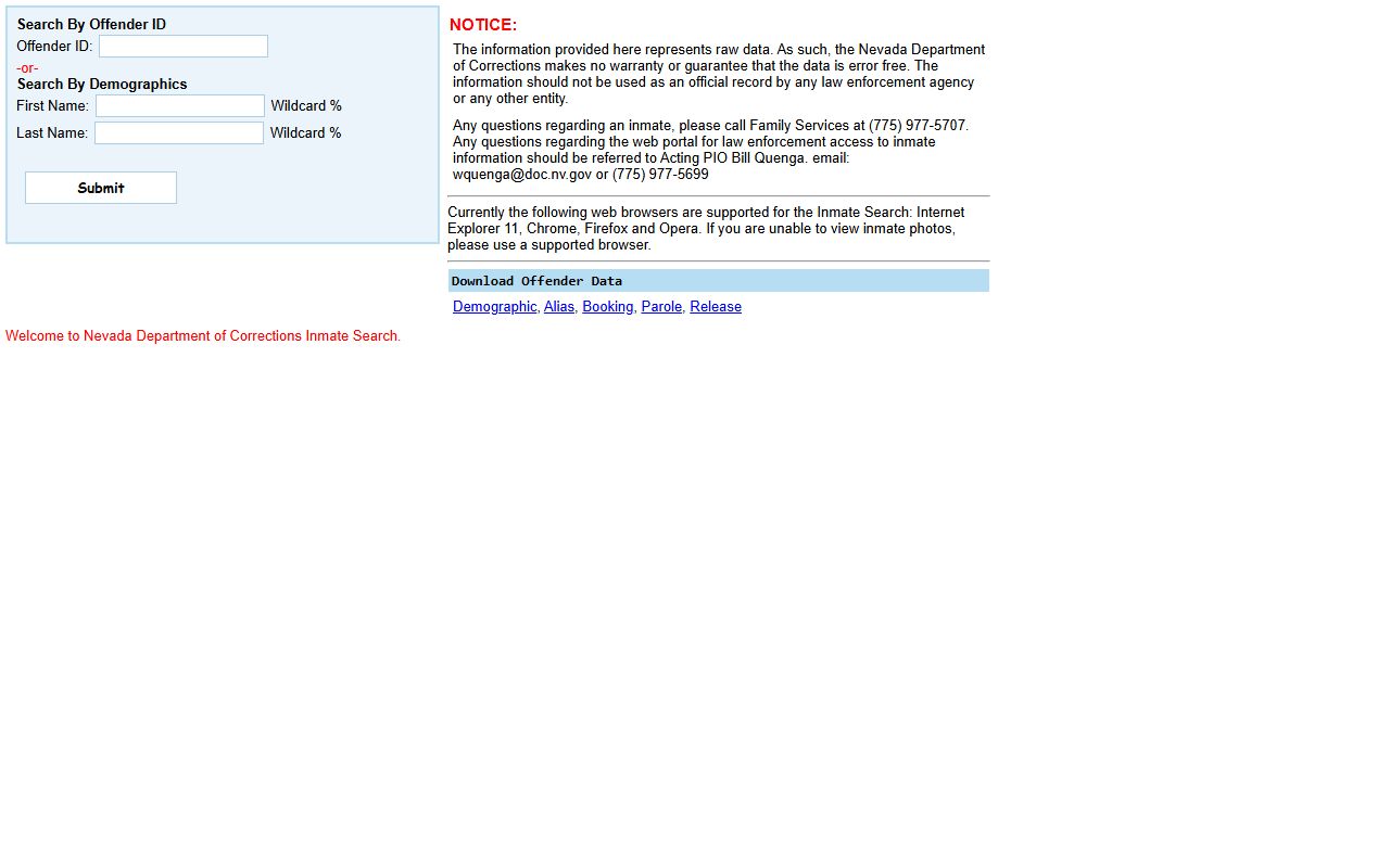 Elko County inmate population NDOC offender search fields