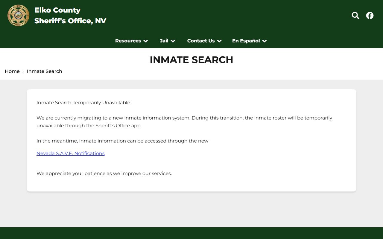 Elko County inmate records sheriff roster unavailable notice