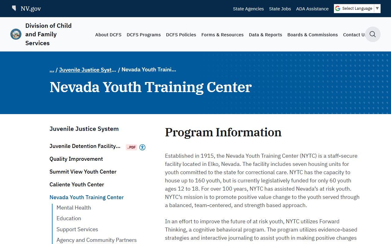 Nevada Youth Training Center juvenile record access DCFS facility page